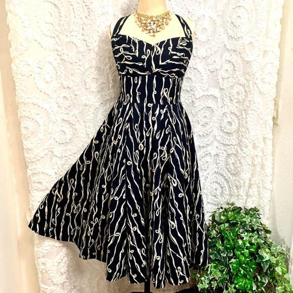 Anthropologie Grapic Print Black/White Halter Dress with Full Swing Skirt- 6 - Picture 4 of 14